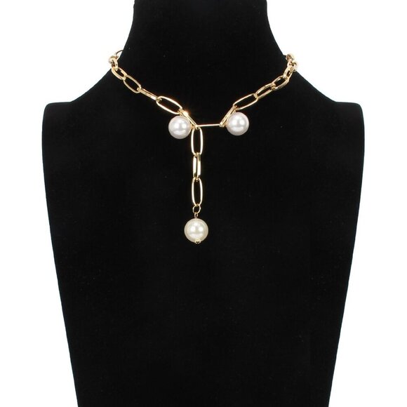 NEW Laurie Gold Link Pearl Lariat Statement Necklace - Picture 2 of 5